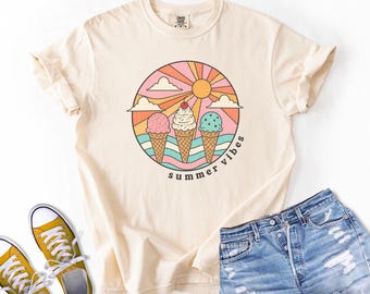 Summer Vibes Ice Cream Shirt, Retro Beach Graphic Tee, Cute Summer Aesthetic T-Shirt, Pastel Ice Cream Cone Tee, Vacation Outfit Top