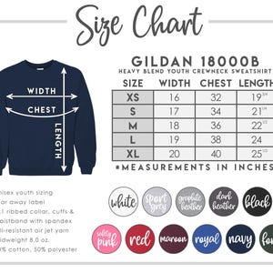 May include: Size chart for Gildan 18000B youth crewneck sweatshirt. The chart shows sizes XS to XL with corresponding width, chest, and length measurements in inches. The chart also includes a colour guide with various colours like white, sport grey, graphite heather, dark heather, black, safety pink, red, maroon, royal, navy, and forest.