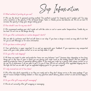 May include: Shop information text with frequently asked questions about printing methods, care instructions, customization, return policies, rush shipping, and gift wrapping. The text is in a pink font on a white background.