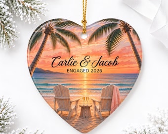 Personalized Engagement Ornament, Beach Engagement Gift, Engaged Couple Christmas Ornament, Tropical Sunset Keepsake, Custom Heart Ornament