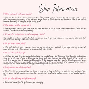 May include: Shop information text with frequently asked questions about printing methods, care instructions, customization, return policies, rush shipping, and gift wrapping. The text is in a pink font on a white background.