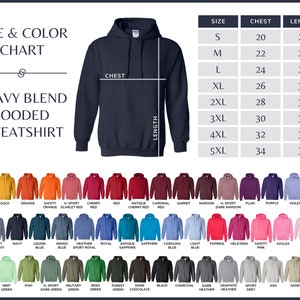 May include: Size and color chart for a heavy blend hooded sweatshirt. The chart shows the chest and length measurements in inches for sizes S through 5XL. The sweatshirt is available in a variety of colors, including old gold, gold, orange, safety orange, scarlet red, cherry red, red, antique cherry red, cardinal red, garnet, maroon, dark maroon, plum, purple, violet, orchid, dark navy, navy, legion blue, indigo blue, heather sport royal, royal, antique sapphire, sapphire, carolina blue, light blue, paprika, heliconia, safety pink, azalea, light pink, safety green, mint green, kiwi, dark green, military green, irish green, forest green, dark chocolate, black, charcoal, dark heather, graphite heather, sport grey, ash, sand, and white.