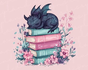 Bookish Dragon png, Floral Book Lover png, Fantasy Reader png, Bücherwurm Digital Download - ideal für die Herstellung von Shirts, Tassen, Karten und Dekor