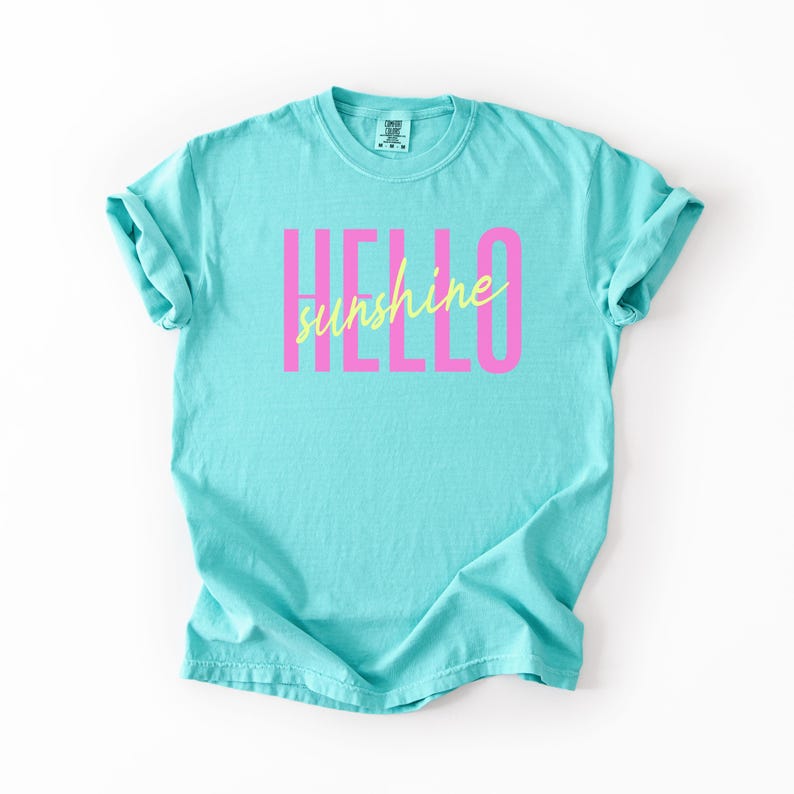 Pu&ograve; includere: Una maglietta turchese con le parole "HELLO sunshine" stampate sul davanti. La parola "HELLO" &egrave; in un carattere rosa grassetto e "sunshine" in un carattere giallo corsivo.