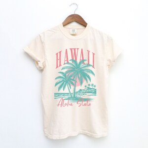 May include: A cream colored t-shirt with a vintage style graphic of palm trees and a sunset. The text "Hawaii Aloha State" is printed in pink on the front of the shirt.
