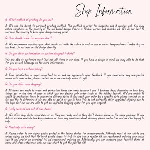 May include: A white background with black text outlining frequently asked questions about printing, care, customisation, returns, rush shipping, receiving orders, and sizing for t-shirts. The text includes information about direct to garment printing, washing instructions, customisation options, returns policies, rush shipping availability, and sizing guides.