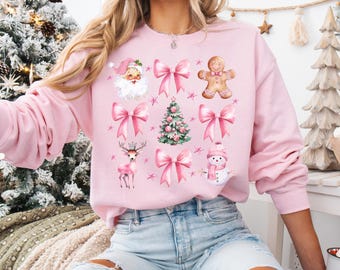 Coquette Christmas Sweatshirt | Pretty Pink Bows, Santas and Gingerbread Sweatshirt | Festive Holiday Crewneck | Soft Girl Christmas Sweater