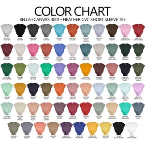 Puede incluir: Carta de colores que muestra 60 colores diferentes de mezcla para camisetas de manga corta Bella + Canvas 3001. La carta est&aacute; organizada en filas y columnas, con cada muestra de color etiquetada con el nombre del color.
