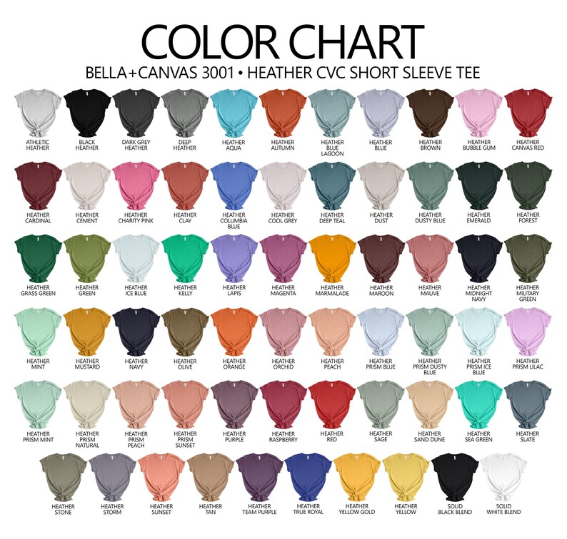 Puede incluir: Carta de colores que muestra 60 colores diferentes de mezcla para camisetas de manga corta Bella + Canvas 3001. La carta est&aacute; organizada en filas y columnas, con cada muestra de color etiquetada con el nombre del color.