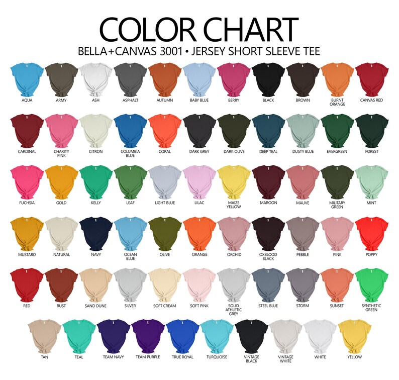 Puede incluir: Carta de colores que muestra 48 colores diferentes de camisetas de manga corta de punto Bella + Canvas 3001. Los colores est&aacute;n dispuestos en filas y columnas, con cada color representado por un peque&ntilde;o cuadrado.