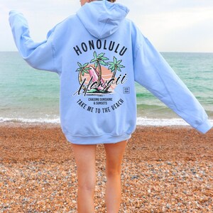 May include: A light blue hoodie with a graphic print on the back. The graphic features palm trees, a surfboard, and the text "Honolulu Hawaii" with the words "Chasing Sunshine & Sunsets Take Me To The Beach" below.