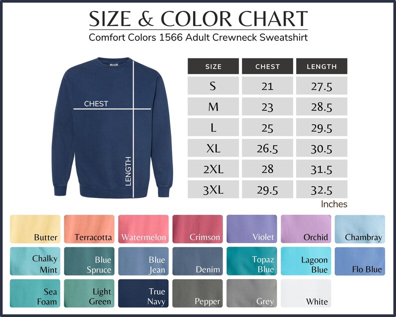 Op de afbeelding: Maattabel en kleurenkaart voor de Comfort Colors 1566 Adult Crewneck Sweatshirt. De tabel toont borst- en lengtemaat in inches voor de maten S, M, L, XL, 2XL en 3XL. Een kleurenkaart hieronder toont verschillende kleuren, waaronder boter, terracotta, watermeloen, karmijnrood, violet, orchidee, chambray, krijtwit, blauwspar, spijkerbroek, denim, topaasblauw, laguneblauw, floblauw, zeeschuim, lichtgroen, donkerblauw, peper, grijs en wit.