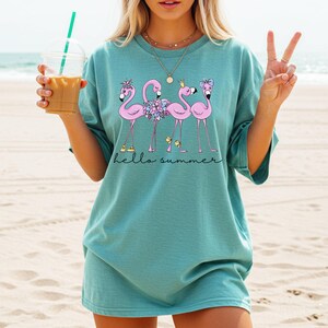 Comfort Colors® Flamingo Tee, Hello Summer T-Shirt, Beach Lover Gift, Cute Tropical Vacation Shirt, Women&#39;s Beach Tee, Funny Summer Shirt