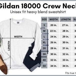 May include: A grey crew neck sweatshirt with a size chart showing width, length, and sleeve measurements in inches for sizes S to 5X. The text "Gildan 18000 Crew Neck" and "Unisex fit heavy blend sweatshirt" is at the top of the image. The text "Fits true to size." is at the bottom of the image.
