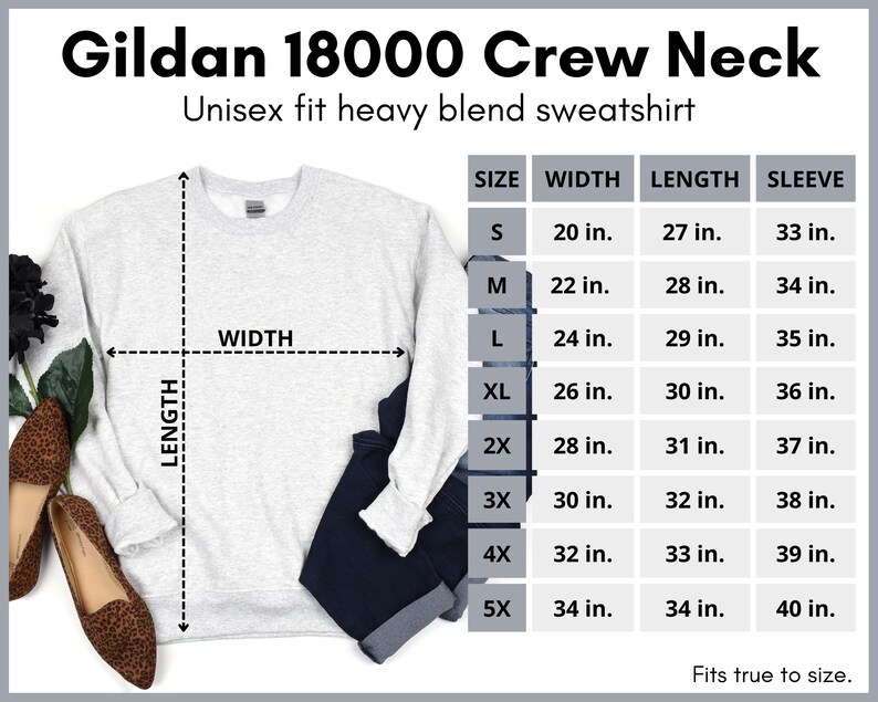 May include: A grey crew neck sweatshirt with a size chart showing width, length, and sleeve measurements in inches for sizes S to 5X. The text "Gildan 18000 Crew Neck" and "Unisex fit heavy blend sweatshirt" is at the top of the image. The text "Fits true to size." is at the bottom of the image.