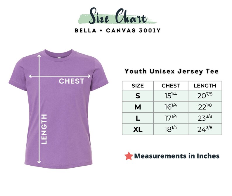Puede incluir: Tabla de tallas para camisetas de jersey unisex para j&oacute;venes en tallas S, M, L y XL. Las medidas est&aacute;n en pulgadas. La tabla muestra las medidas de pecho y largo para cada talla.