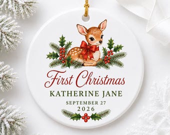 Personalized Baby's First Christmas Ornament, Custom Baby Ornament, Vintage Deer Fawn Ornament, Newborn Christmas Keepsake, 2026 Baby Gift