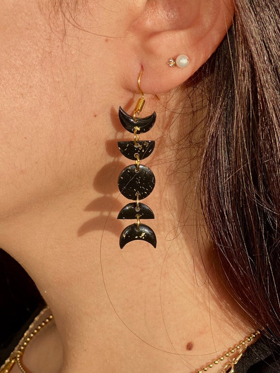Polymer Clay Earrings Black Moon Phase Jewellery Earrings Cluster Earrings 