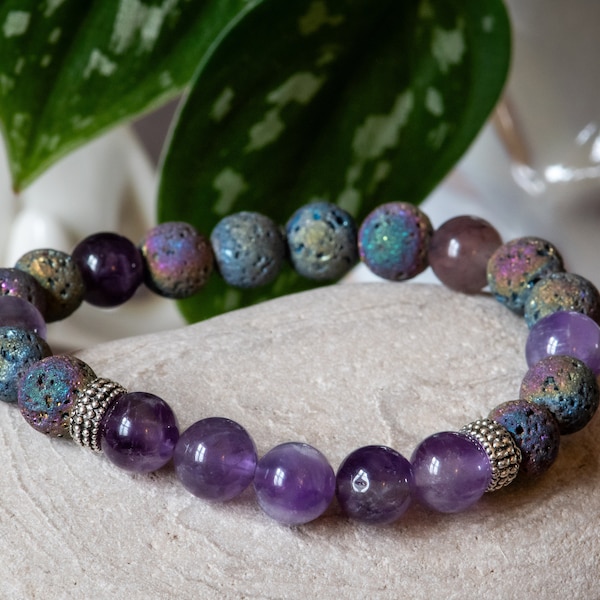 Calming Amethyst & Rainbow Lava Diffuser Beads with Tibetan Silver Spacers 8mm Beaded Stretch Bracelet, Stacker Bracelet, Purple Bracelet