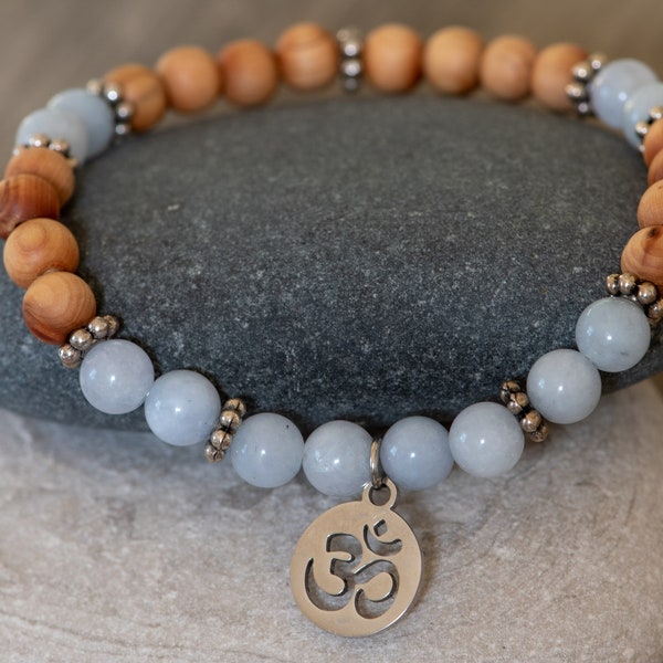 Healing Aquamarine Gemstones & Sandalwood 6mm beaded stacker stretchy Bracelet w/ OM (AUM) Charm|  Yoga Bracelet| Spiritual Jewelry