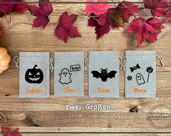 Kinder Halloween Süßigkeitenbeutel - personalisiert, Jutebeutel, süßes oder saures, happy halloween, Kürbis, Fledermaus, Geist, Candy Bag