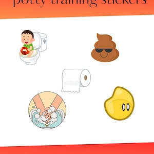 Könnte beinhalten: Aufkleber für das Töpfchentraining mit Illustrationen eines Kindes auf einer Toilette, einem lächelnden Kackhaufen-Emoji, einer Rolle Toilettenpapier, Händewaschen und einem gelben Klecks mit Augen. Der Text lautet "potty training stickers" und "(6) 8.5 x 11 sheets."
