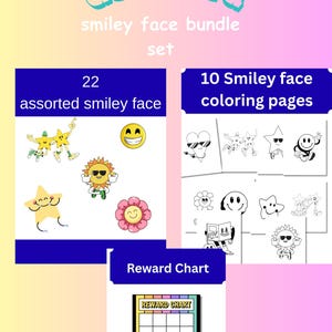 Puede incluir: Un surtido de artículos con temática de caras sonrientes, que incluye 22 pegatinas variadas, 10 páginas para colorear y una tabla de recompensas. Las pegatinas presentan varios diseños, como estrellas, flores y soles con caras sonrientes. El texto "assorted smiley face bundle set" está en la parte superior.
