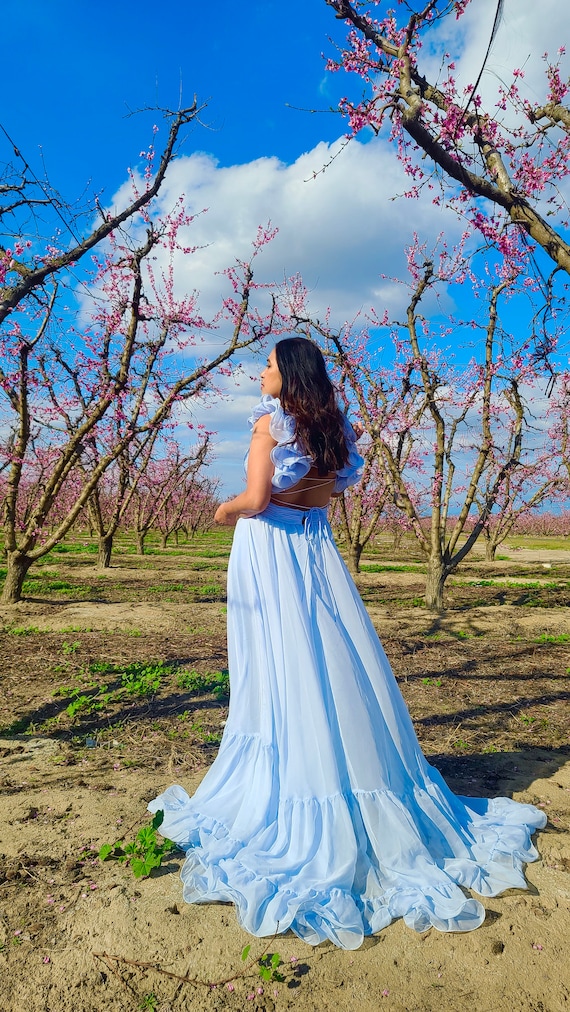 Phlox Gown Powder Blue Ruffle Shoulder Lace up Gown- RENTAL for