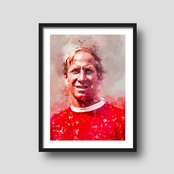 Sir Bobby Charlton Legend of 1966 England World Cup Inspired Water Colour Poster, Football Wall Art Print, Modern Wall Art Room Bedroom.