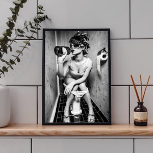 Drunken Lady and Man Funky Wall Art, Funny Bathroom Wall Art, Dorm Room Decor Print Ideas, Instant Digital Download, Black and White.