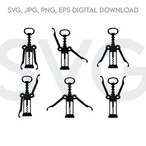 May include: Black and white digital download graphic of six different corkscrew designs. The corkscrews are in various positions, with the arms extended or folded. The text "SVG, JPG, PNG, EPS DIGITAL DOWNLOAD" is at the top.