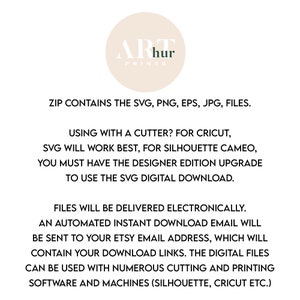 May include: Text on a white background that reads "ARhur PRINTS" in a green font. The text below reads "ZIP CONTAINS THE SVG, PNG, EPS, JPG, FILES. USING WITH A CUTTER? FOR CRICUT, SVG WILL WORK BEST, FOR SILHOUETTE CAMEO, YOU MUST HAVE THE DESIGNER EDITION UPGRADE TO USE THE SVG DIGITAL DOWNLOAD. FILES WILL BE DELIVERED ELECTRONICALLY. AN AUTOMATED INSTANT DOWNLOAD EMAIL WILL BE SENT TO YOUR ETSY EMAIL ADDRESS, WHICH WILL CONTAIN YOUR DOWNLOAD LINKS. THE DIGITAL FILES CAN BE USED WITH NUMEROUS CUTTING AND PRINTING SOFTWARE AND MACHINES (SILHOUETTE, CRICUT ETC.)"