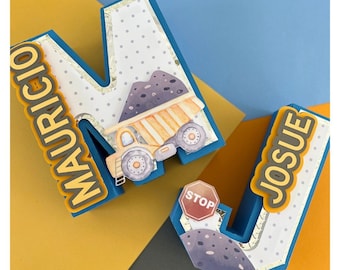 Letras 3D de construção, decorações de festa de construção, letras 3D de construção personalizadas, decoração de festa de construção, carta de caminhão de construção