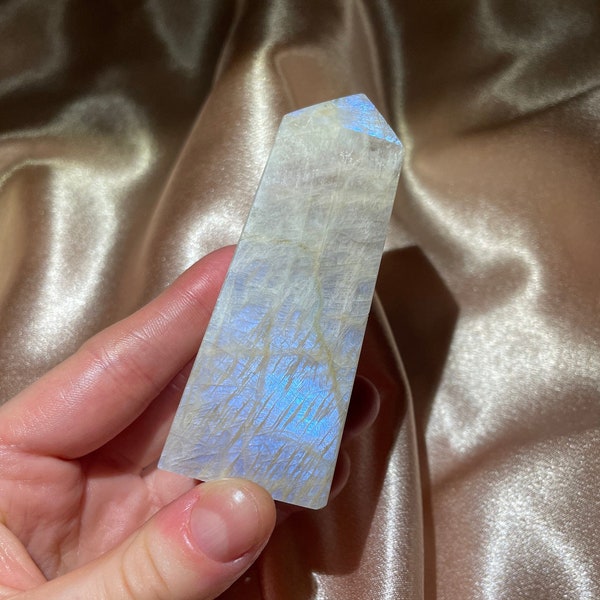 Russian White Moonstone Tower w/ Bright Blue Flash (118 grams) | Sunstone Moonstone | Moonstone Tower | Russian Moonstone | CosmicCaverns |