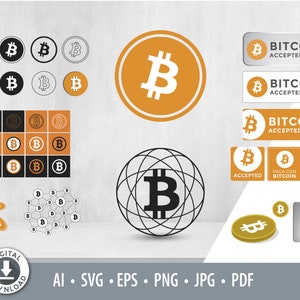 May include: A set of digital design elements featuring a Bitcoin logo in various styles. The set includes a circular logo with a black Bitcoin symbol on a yellow background, a black and white Bitcoin symbol inside a circle, and a Bitcoin symbol inside a globe. The set also includes several rectangular stickers with the text "Bitcoin Accepted Here" in black and white.
