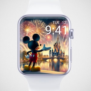 Sfondo di Topolino per Apple Watch di Capodanno, sfondo dei fuochi d'artificio di Capodanno per Apple Watch, quadrante Magic Kingdom per Apple Watch, estetica festiva