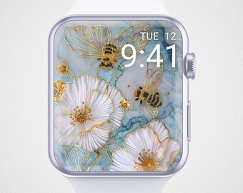 3D Floral Apple Watch Wallpaper, Pollinating Bee Watch Face, Spring Watch Screensaver, Summer Watch Background, Elegant Flower Aesthetic