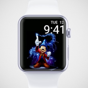 May include: White Apple Watch with a black face displaying the time 9:41 and the date TUE 12. The watch face features a cartoon image of Mickey Mouse dressed as a wizard with a blue hat and red robe.