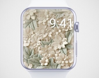 Sfondo floreale 3D per Apple Watch, quadrante minimalista, screensaver neutro per orologio, sfondo floreale femminile per orologio, elegante estetica beige