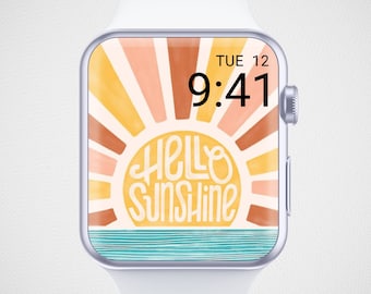 Fondo de pantalla de Hello Sunshine para Apple Watch, esfera de reloj primaveral, fondo de reloj inteligente alegre, protector de pantalla de reloj retro, estética hippie con sol.