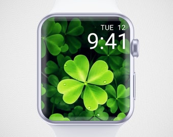 Fond d'écran Apple Watch de la Saint-Patrick, fond de montre intelligente Shamrock, cadran de montre arc-en-ciel, esthétique de l'économiseur d'écran de montre trèfle à quatre feuilles