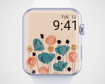 Tapeta na Apple Watch z motywem kwiatowym, Tło smartwatcha z motywem kwiatowym, Tarcza zegarka z grafiką liniową, Minimalistyczny wygaszacz ekranu zegarka w stylu boho, Estetyka akwarelowa