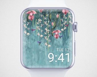 Exotic Floral Apple Watch Wallpaper, Summer Watch Face, Hummingbird Watch Screensaver, Watercolor Watch Background, Lily Flower Aesthetics