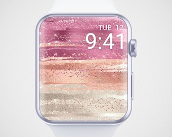 Glitter Apple Watch Wallpaper, feminines Zifferblatt, Girly Uhr Bildschirmschoner, Beige rosa glänzende Streifen Uhr Hintergrund, lebendige Ästhetik