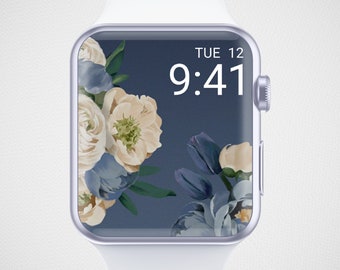 Floral Apple Watch Wallpaper, White Flower Watch Face, Spring Watch Screensaver, Easter Watch Background, Navy Watercolor Flower Aesthetics