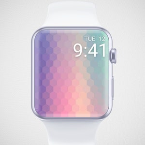 May include: A white smartwatch with a silver bezel and a colorful geometric pattern on the screen. The time is 9:41 and the date is TUE 12.