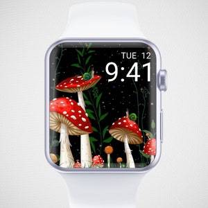 Sfondo di Apple Watch con funghi, quadrante di Apple Watch con lumaca, sfondo di Apple Watch con foresta, screensaver di Apple Watch con sfondo scuro, estetica di Apple Watch con animali della foresta mistica