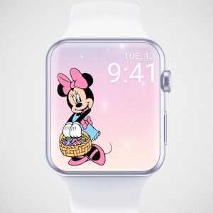 Sfondo di Pasqua di Minnie Mouse per Apple Watch, quadrante di primavera, quadrante di Topolino, sfondo di cartoni animati per l'orologio, estetica carina delle uova di Pasqua