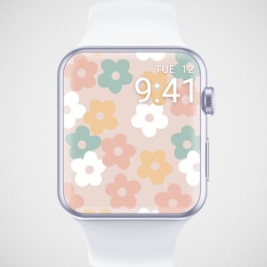 Retro Apple Watch Wallpaper mit Blumen, Hippie Gesicht, 70er Jahre Vibe Smartwatch Hintergrund, Retro Uhren-Bildschirmschoner, Groovy 70er Jahre Ästhetik