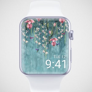 Carta da parati floreale esotica dell'Apple Watch, quadrante estivo, salvaschermo dell'orologio colibrì, sfondo dell'orologio acquerello, estetica del fiore di giglio